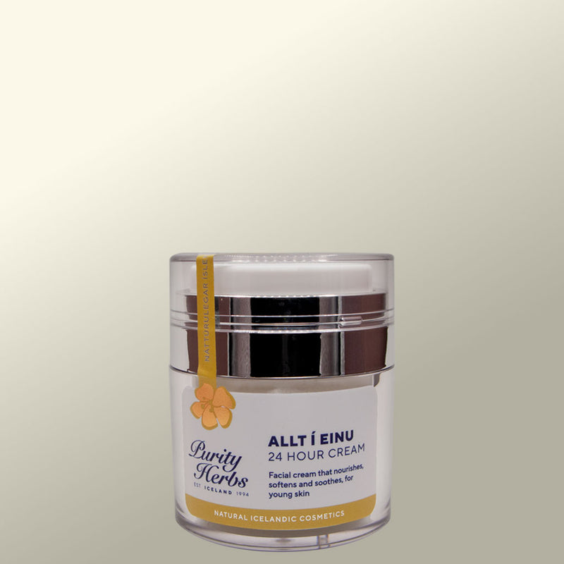 Purity Herbs Allti Einu 24 Hour Cream jar on a light gray background