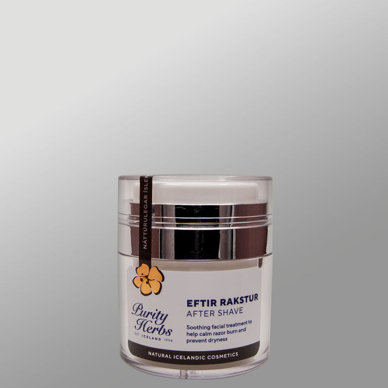 Jar of Purity Herbs after shave on a gray background