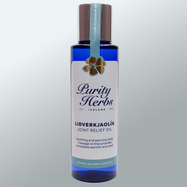 Bottle of Purity Herbs Liðverkjaolía- Joint Relief Oil on a gray background