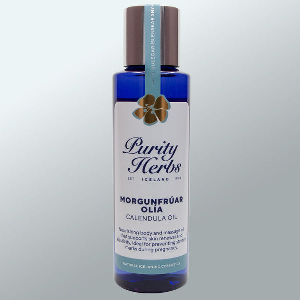 Bottle of Purity Herbs Morgunfrúarolía -Calendula Oil on a light gray background