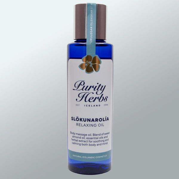 Bottle of Purity Herbs Slökunarolóla Relaxing Oil on a light gray background