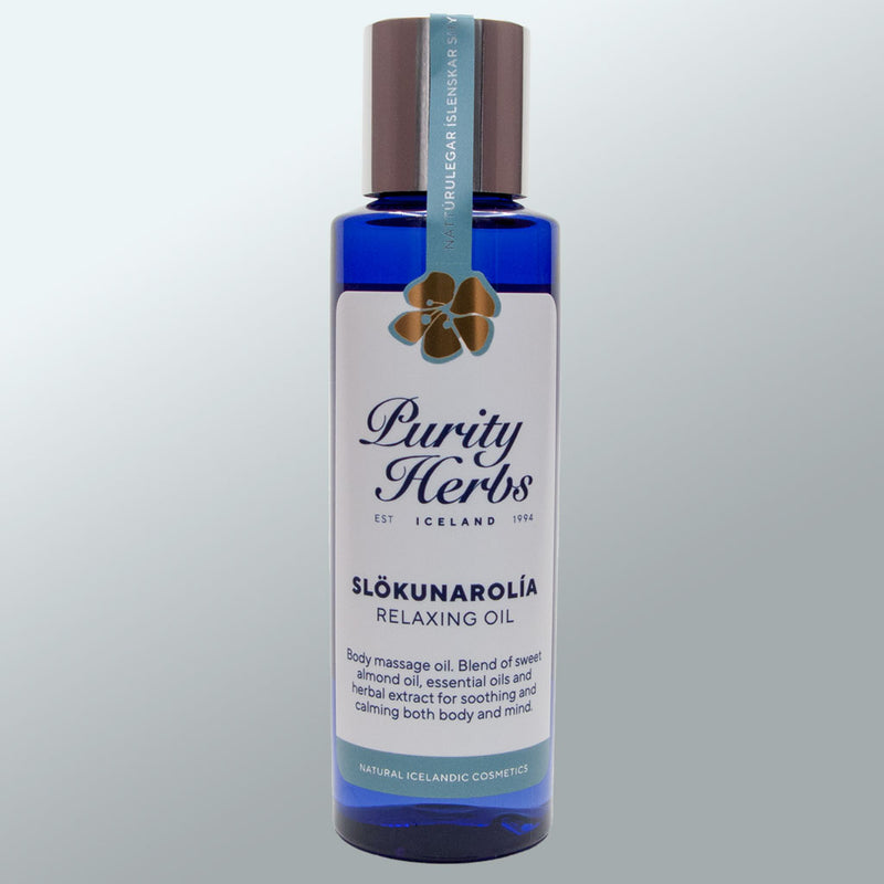 Bottle of Purity Herbs Slökunarolóla Relaxing Oil on a light gray background