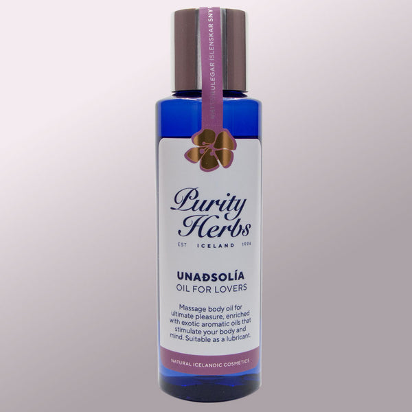 Bottle of Purity Herbs Unabsolália Oil for Lovers on a light gray background