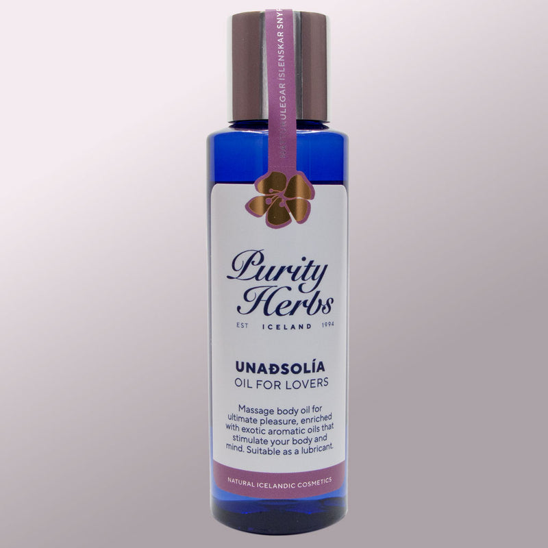 Bottle of Purity Herbs Unabsolália Oil for Lovers on a light gray background