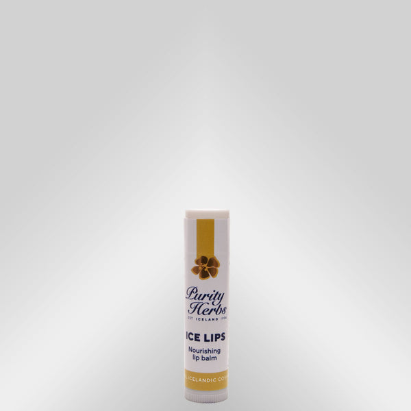 Lip balm container with 'Purity Herbs' branding on a white background