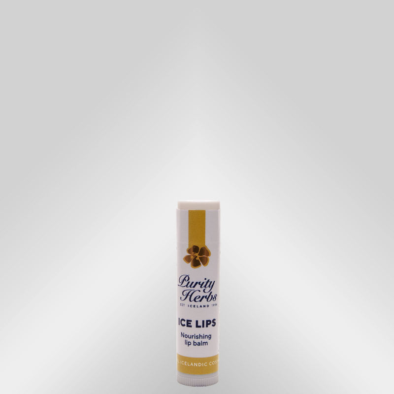 Lip balm container with 'Purity Herbs' branding on a white background