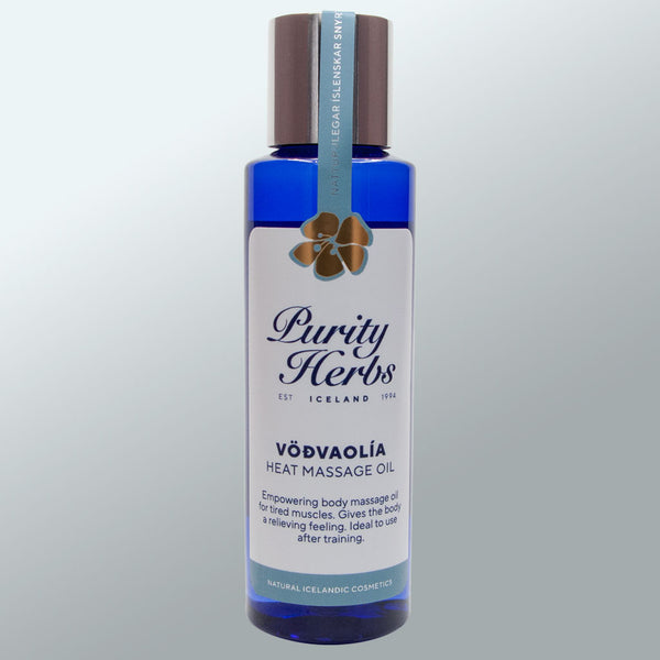 Bottle of Purity Herbs Heat massage oil on a light gray background